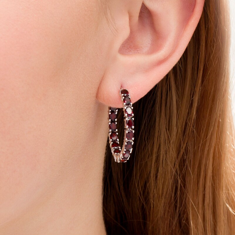 Main Image 2 of Oval Garnet Inside-Out Hoop Earrings in Sterling Silver