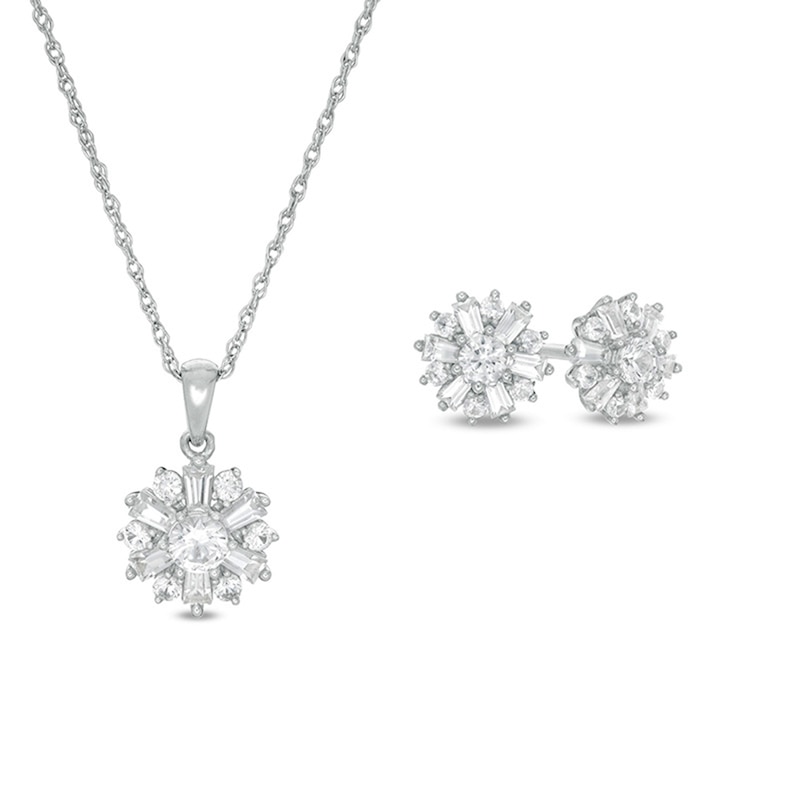 Lab-Created Baguette and Round White Sapphire Starburst Pendant and Stud Earrings Set in Sterling Silver