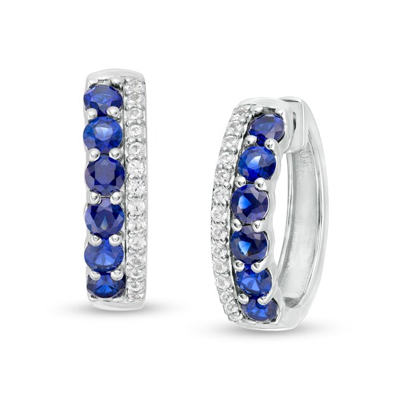 Lab-Created Blue and White Sapphire Double Row Hoop Earrings in Sterling Silver