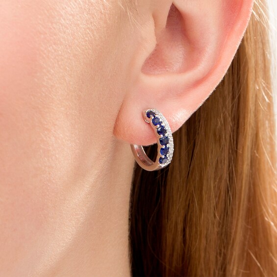 Lab-Created Blue and White Sapphire Double Row Hoop Earrings in Sterling Silver