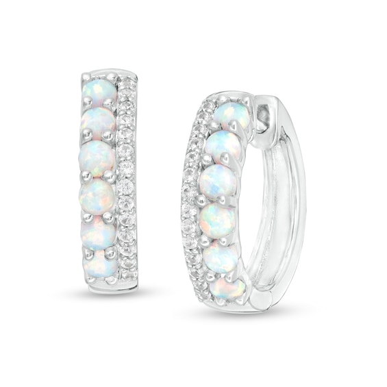Lab-Created Opal and White Sapphire Double Row Hoop Earrings in Sterling Silver