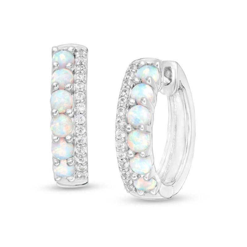 Main Image 1 of Lab-Created Opal and White Sapphire Double Row Hoop Earrings in Sterling Silver