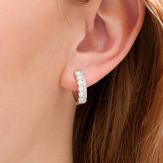 Lab-Created Opal and White Sapphire Double Row Hoop Earrings in Sterling Silver