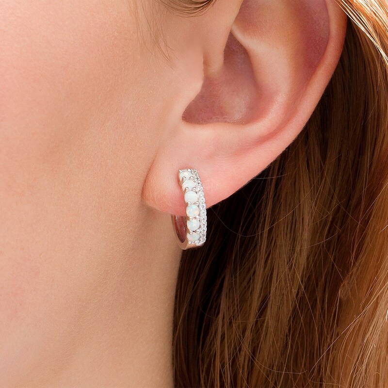 Main Image 2 of Lab-Created Opal and White Sapphire Double Row Hoop Earrings in Sterling Silver