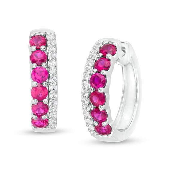 Lab-Created Ruby and White Sapphire Double Row Hoop Earrings in ...