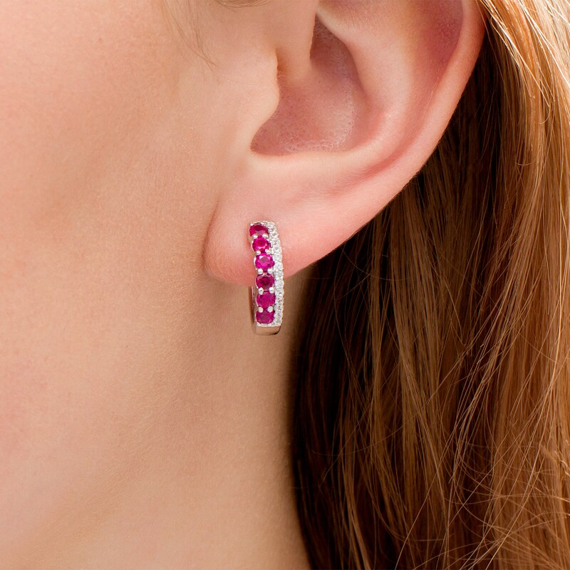 Main Image 2 of Lab-Created Ruby and White Sapphire Double Row Hoop Earrings in Sterling Silver