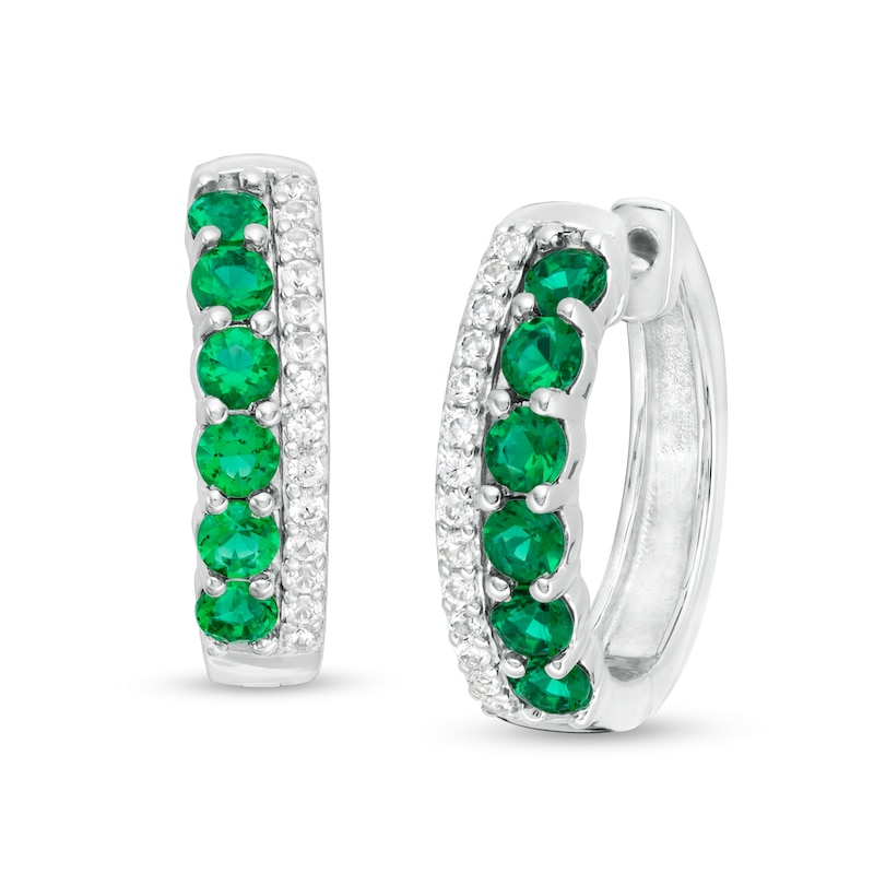 Main Image 1 of Lab-Created Emerald and White Sapphire Double Row Hoop Earrings in Sterling Silver