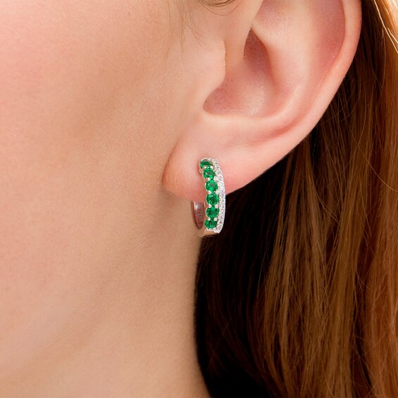 Lab-Created Emerald and White Sapphire Double Row Hoop Earrings in Sterling Silver