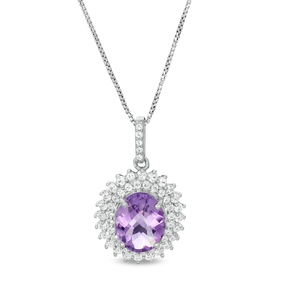 Oval Amethyst and White Topaz Starburst Double Frame Pendant in Sterling Silver