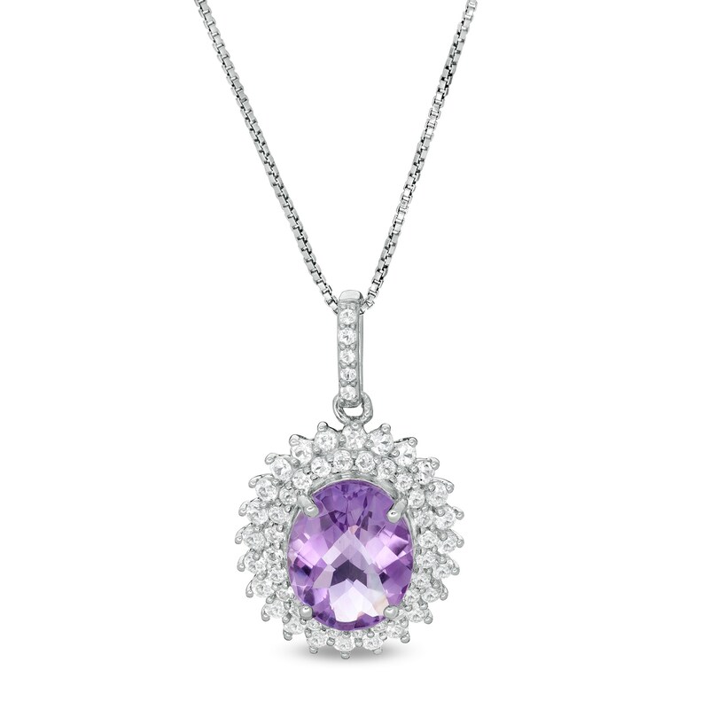 Main Image 1 of Oval Amethyst and White Topaz Starburst Double Frame Pendant in Sterling Silver