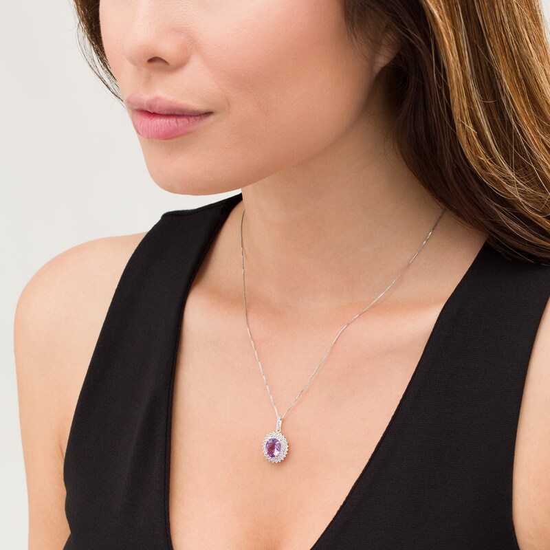 Main Image 2 of Oval Amethyst and White Topaz Starburst Double Frame Pendant in Sterling Silver
