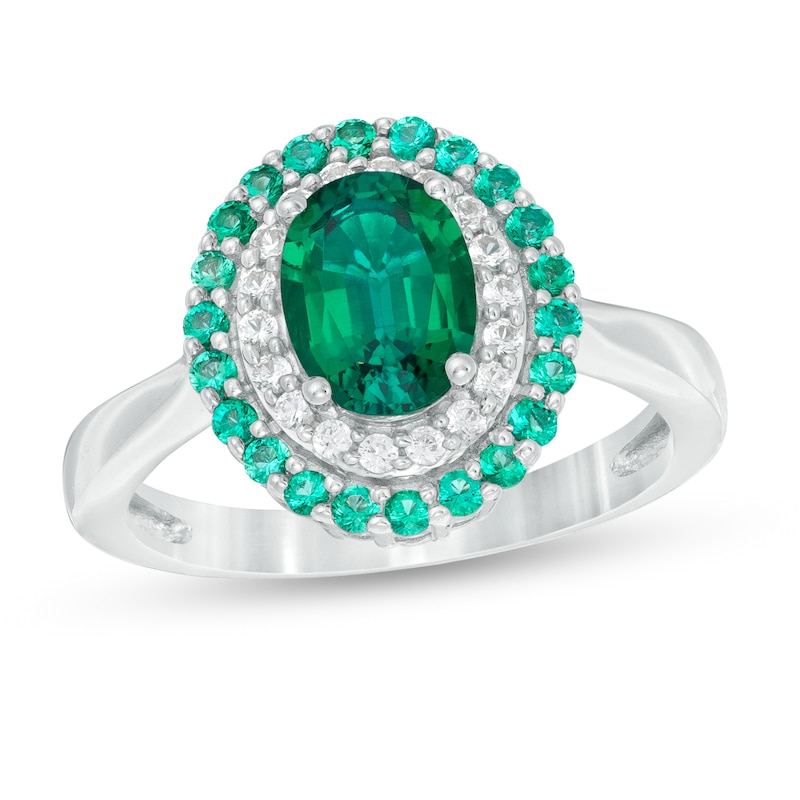 Main Image 1 of Oval Lab-Created Emerald and White Sapphire Double Frame Ring in Sterling Silver