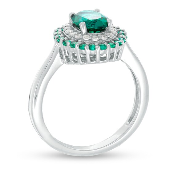 Oval Lab-Created Emerald and White Sapphire Double Frame Ring in Sterling Silver