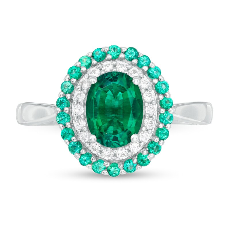 Main Image 4 of Oval Lab-Created Emerald and White Sapphire Double Frame Ring in Sterling Silver