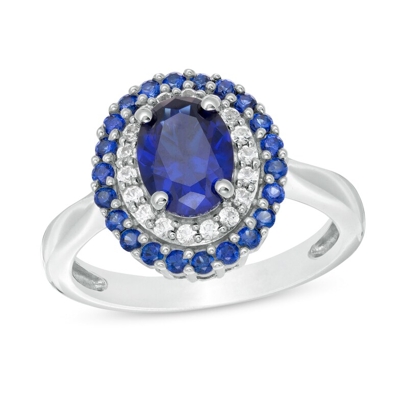 Main Image 1 of Oval Lab-Created Blue and White Sapphire Double Frame Ring in Sterling Silver