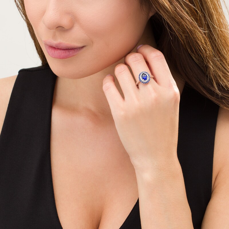 Oval Lab-Created Blue and White Sapphire Double Frame Ring in Sterling Silver