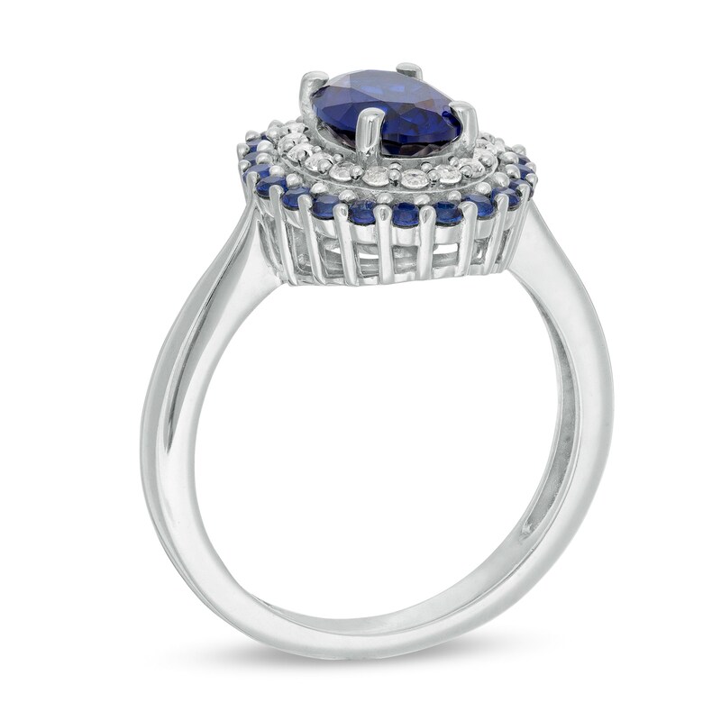 Main Image 3 of Oval Lab-Created Blue and White Sapphire Double Frame Ring in Sterling Silver