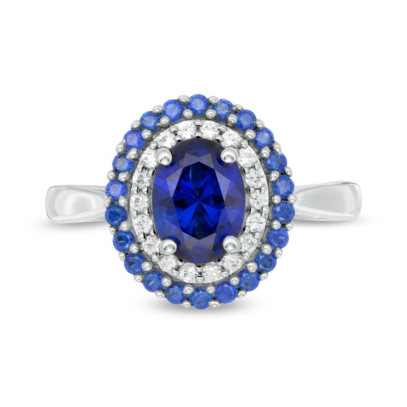 Main Image 4 of Oval Lab-Created Blue and White Sapphire Double Frame Ring in Sterling Silver