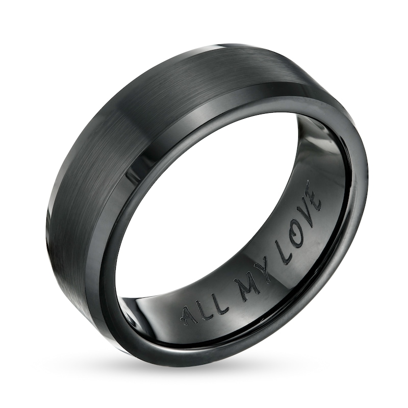 Men's 8.0mm Engravable Multi-Finish Beveled Edge Wedding Band in Black Ceramic (1 Line)