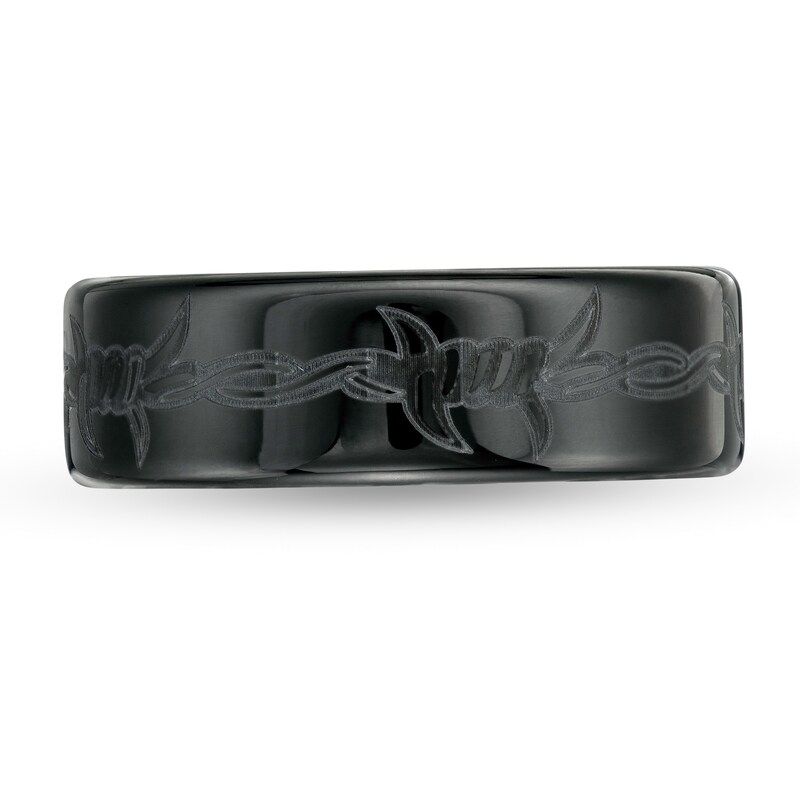 Men's 8.0mm Engravable Barbed Wire Pattern Wedding Band in Black Ceramic (1 Line)