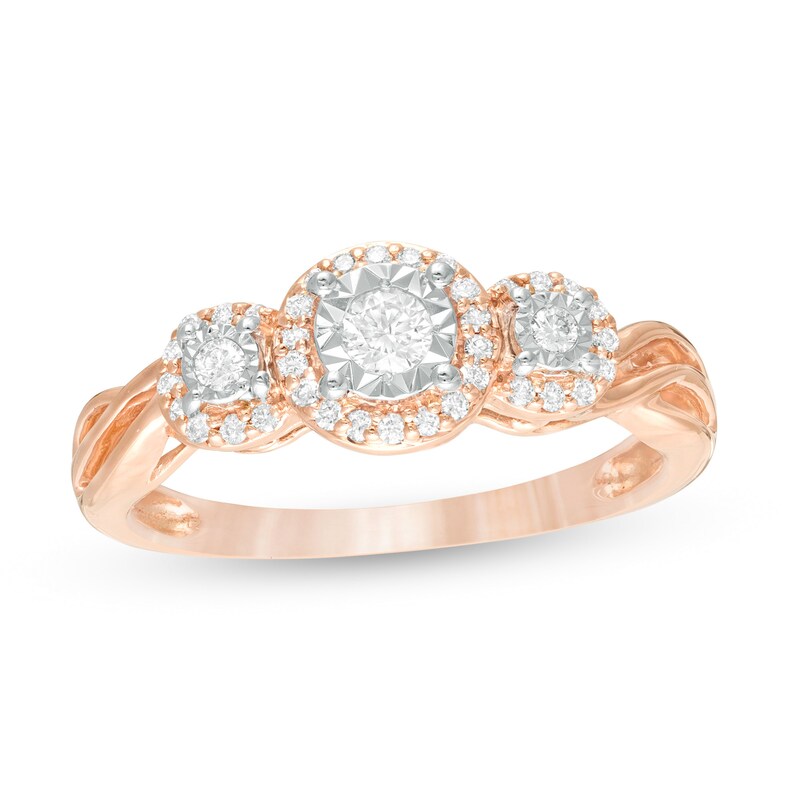 Main Image 1 of 1/4 CT. T.W. Diamond Past Present Future® Frame Twist Engagement Ring in 10K Rose Gold