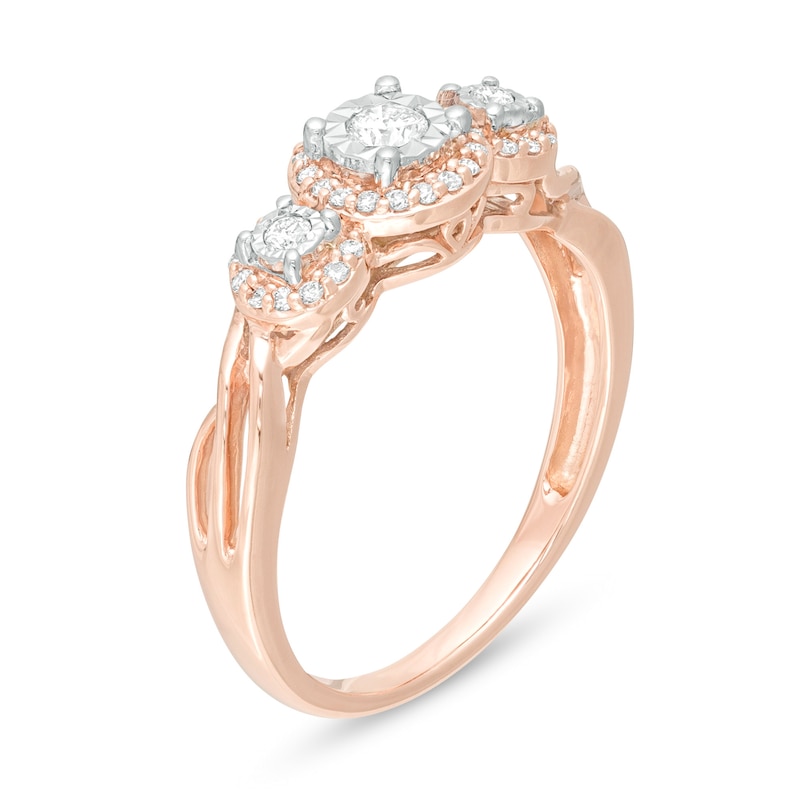Main Image 3 of 1/4 CT. T.W. Diamond Past Present Future® Frame Twist Engagement Ring in 10K Rose Gold
