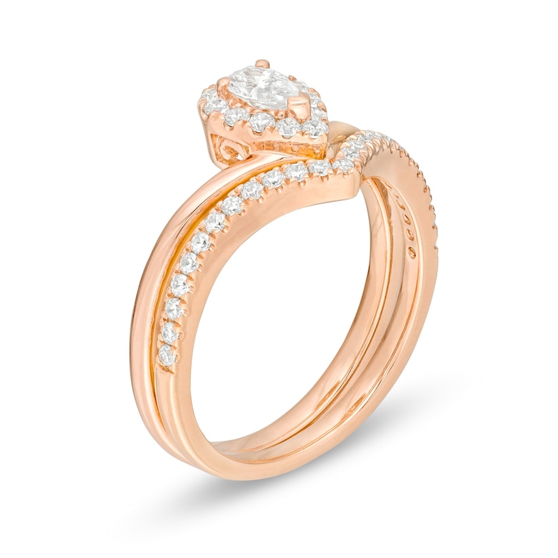 Main Image 3 of 1/2 CT. T.W. Pear-Shaped Diamond Frame Chevron Bridal Set in 14K Rose Gold