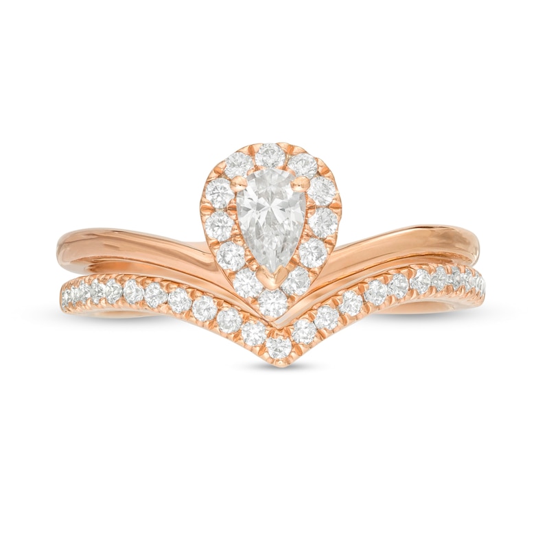 Main Image 4 of 1/2 CT. T.W. Pear-Shaped Diamond Frame Chevron Bridal Set in 14K Rose Gold