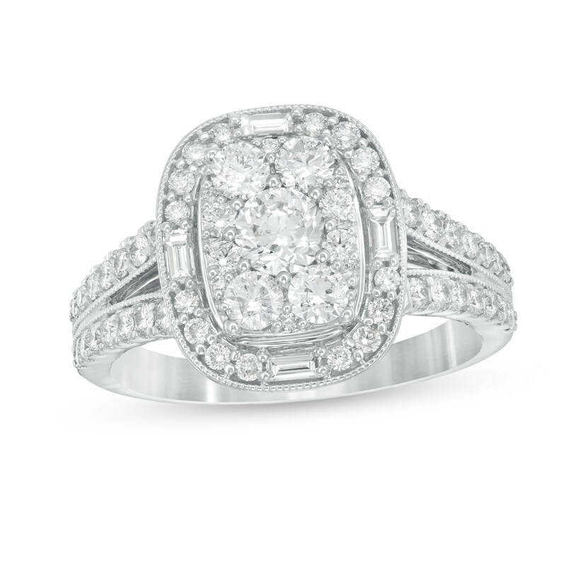Main Image 1 of 1-1/4 CT. T.W. Composite Diamond Cushion Frame Split Shank Engagement Ring in 14K White Gold