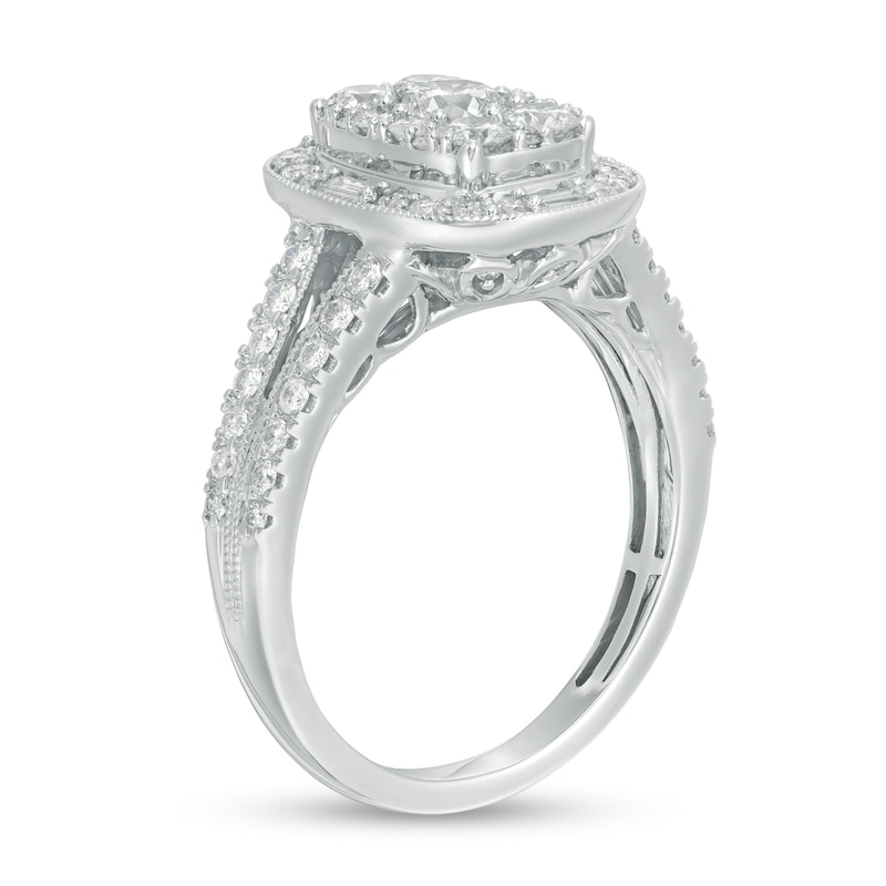 Main Image 3 of 1-1/4 CT. T.W. Composite Diamond Cushion Frame Split Shank Engagement Ring in 14K White Gold