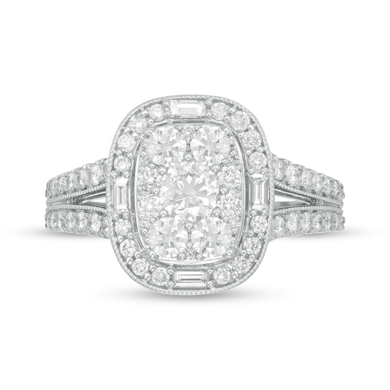 Main Image 4 of 1-1/4 CT. T.W. Composite Diamond Cushion Frame Split Shank Engagement Ring in 14K White Gold