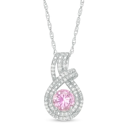 6.0mm Lab-Created Pink Sapphire and 1/10 CT. T.W. Diamond Double Row Teardrop Pendant in Sterling Silver