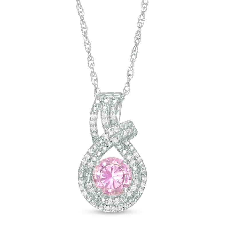 Main Image 1 of 6.0mm Lab-Created Pink Sapphire and 1/10 CT. T.W. Diamond Double Row Teardrop Pendant in Sterling Silver