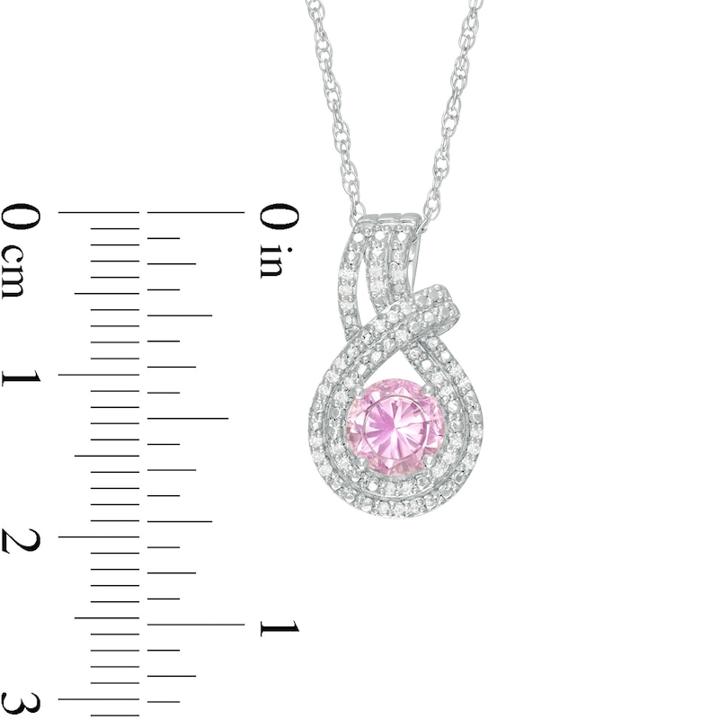 Main Image 3 of 6.0mm Lab-Created Pink Sapphire and 1/10 CT. T.W. Diamond Double Row Teardrop Pendant in Sterling Silver