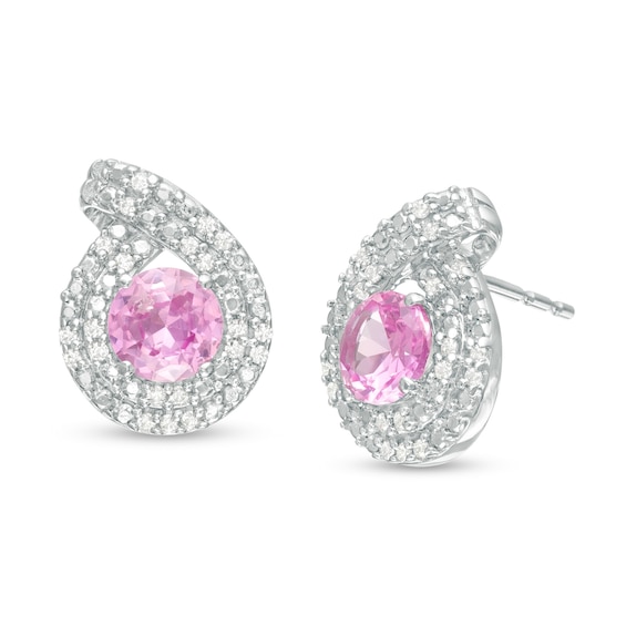 5.0mm Lab-Created Pink Sapphire and 1/8 CT. T.W. Diamond Double Row Teardrop Frame Stud Earrings in Sterling Silver 5.0mm Lab-Created Pink Sapphire and 1/8 CT. T.W. Diamond Double Row Teardrop Frame Stud Earrings in Sterling Silver