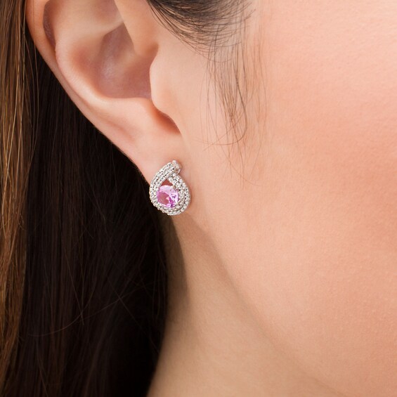 5.0mm Lab-Created Pink Sapphire and 1/8 CT. T.W. Diamond Double Row Teardrop Frame Stud Earrings in Sterling Silver 5.0mm Lab-Created Pink Sapphire and 1/8 CT. T.W. Diamond Double Row Teardrop Frame Stud Earrings in Sterling Silver