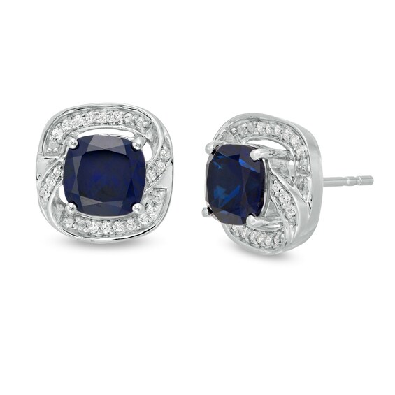6.0mm Cushion-Cut Lab-Created Blue Sapphire and 1/10 CT. T.W. Diamond Swirl Frame Stud Earrings in Sterling Silver 6.0mm Cushion-Cut Lab-Created Blue Sapphire and 1/10 CT. T.W. Diamond Swirl Frame Stud Earrings in Sterling Silver