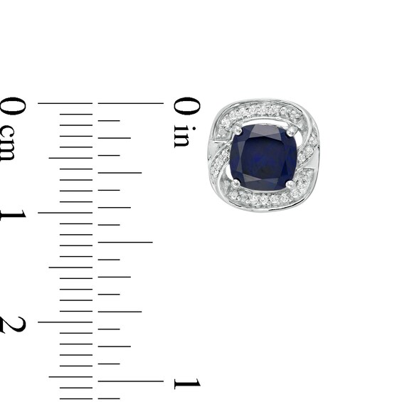 6.0mm Cushion-Cut Lab-Created Blue Sapphire and 1/10 CT. T.W. Diamond Swirl Frame Stud Earrings in Sterling Silver 6.0mm Cushion-Cut Lab-Created Blue Sapphire and 1/10 CT. T.W. Diamond Swirl Frame Stud Earrings in Sterling Silver