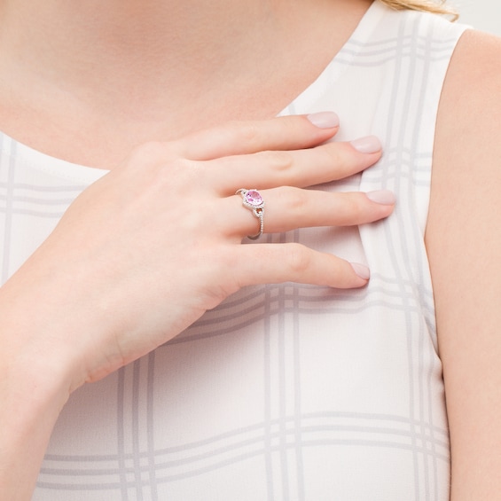 Heart-Shaped Lab-Created Pink Sapphire and 1/15 CT. T.w. Diamond Frame Buckle Ring in Sterling Silver