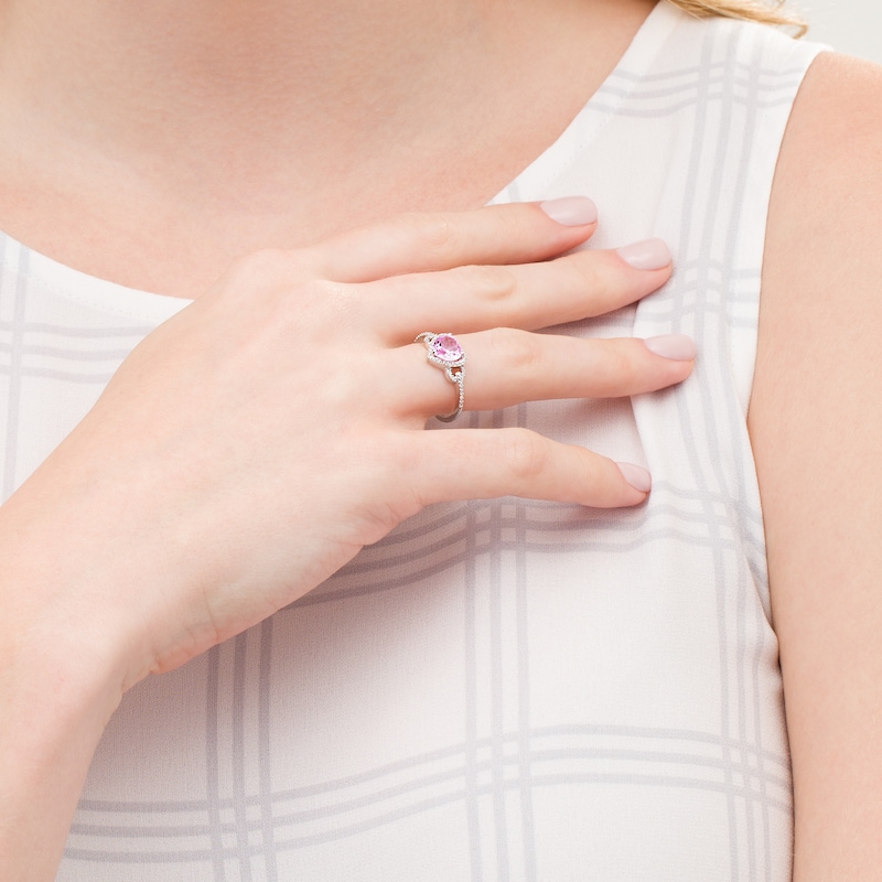 Heart-Shaped Lab-Created Pink Sapphire and 1/15 CT. T.W. Diamond Frame Buckle Ring in Sterling Silver