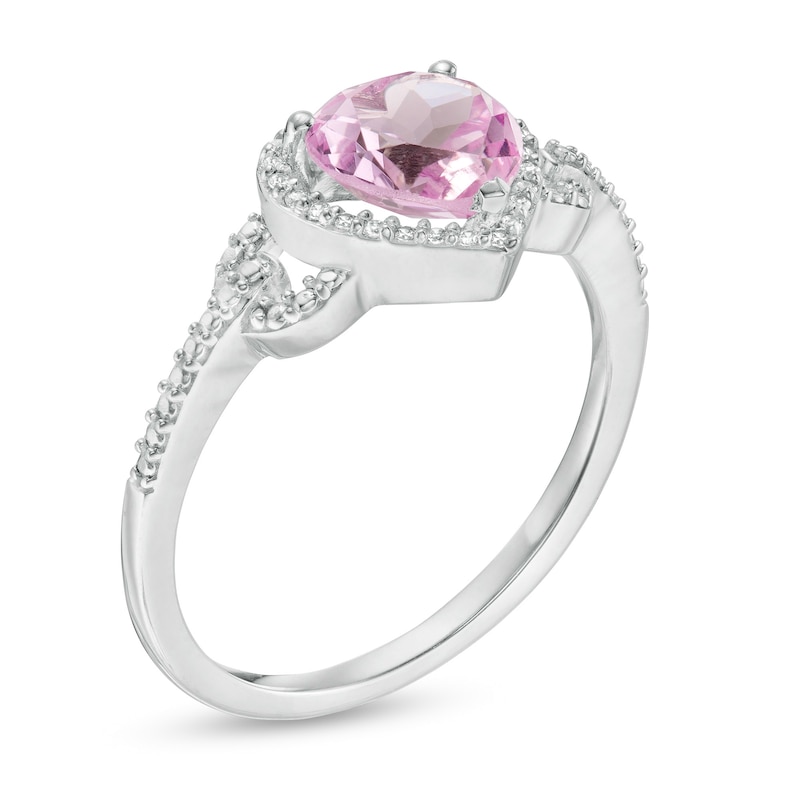 Heart-Shaped Lab-Created Pink Sapphire and 1/15 CT. T.W. Diamond Frame Buckle Ring in Sterling Silver