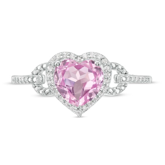 Heart-Shaped Lab-Created Pink Sapphire and 1/15 CT. T.w. Diamond Frame Buckle Ring in Sterling Silver