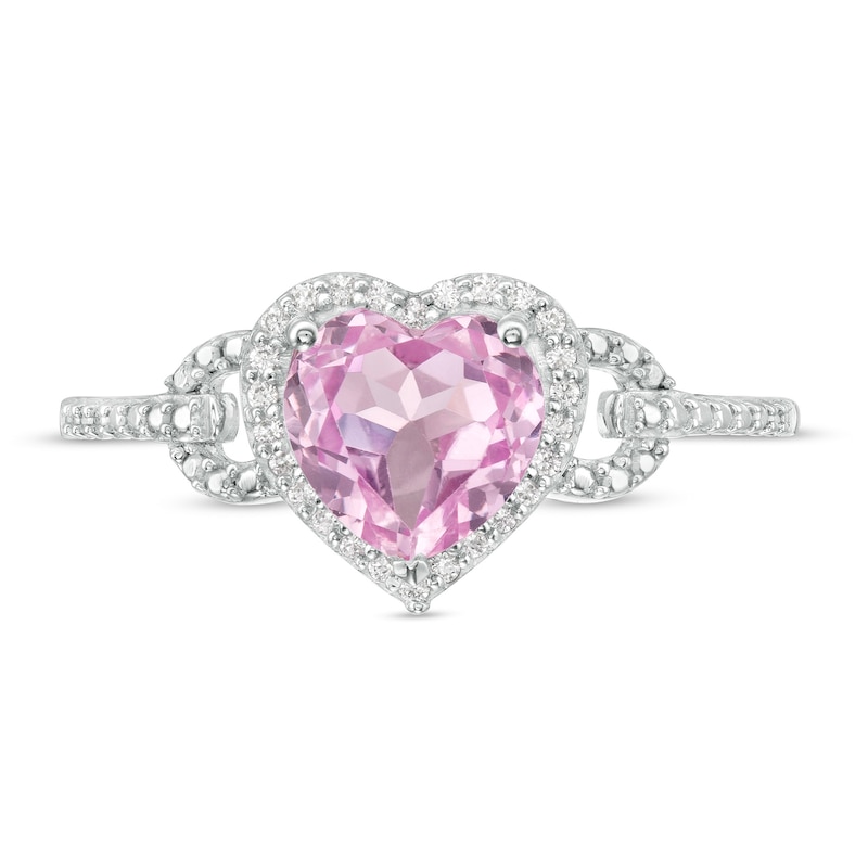 Heart-Shaped Lab-Created Pink Sapphire and 1/15 CT. T.W. Diamond Frame Buckle Ring in Sterling Silver