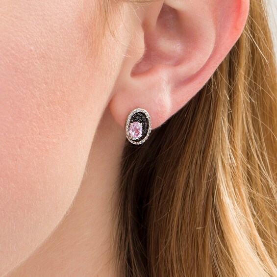 Oval Lab-Created Pink Sapphire and 1/8 CT. T.w. Two-Colour Diamond Stud Earrings in Sterling Silver with Black Rhodium
