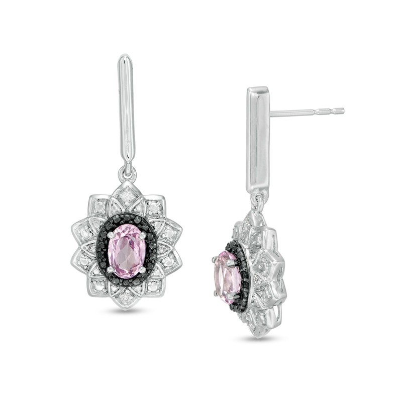 Oval Lab-Created Pink Sapphire and 1/8 CT. T.W. White and Black Diamond Frame Drop Earrings in Sterling Silver