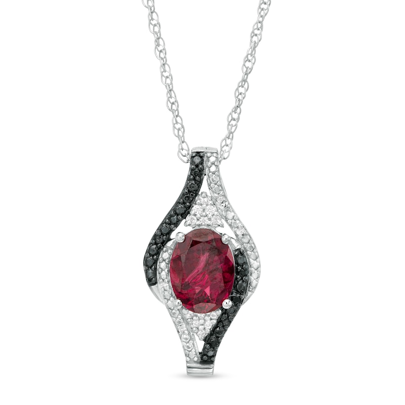 Oval Garnet and 1/10 CT. T.W. White and Black Diamond Bypass Frame Pendant in Sterling Silver