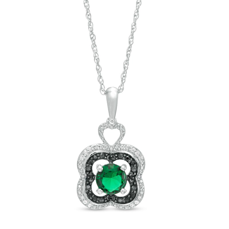 5.5mm Lab-Created Emerald and 1/15 CT. T.W. White and Black Diamond Clover Pendant in Sterling Silver