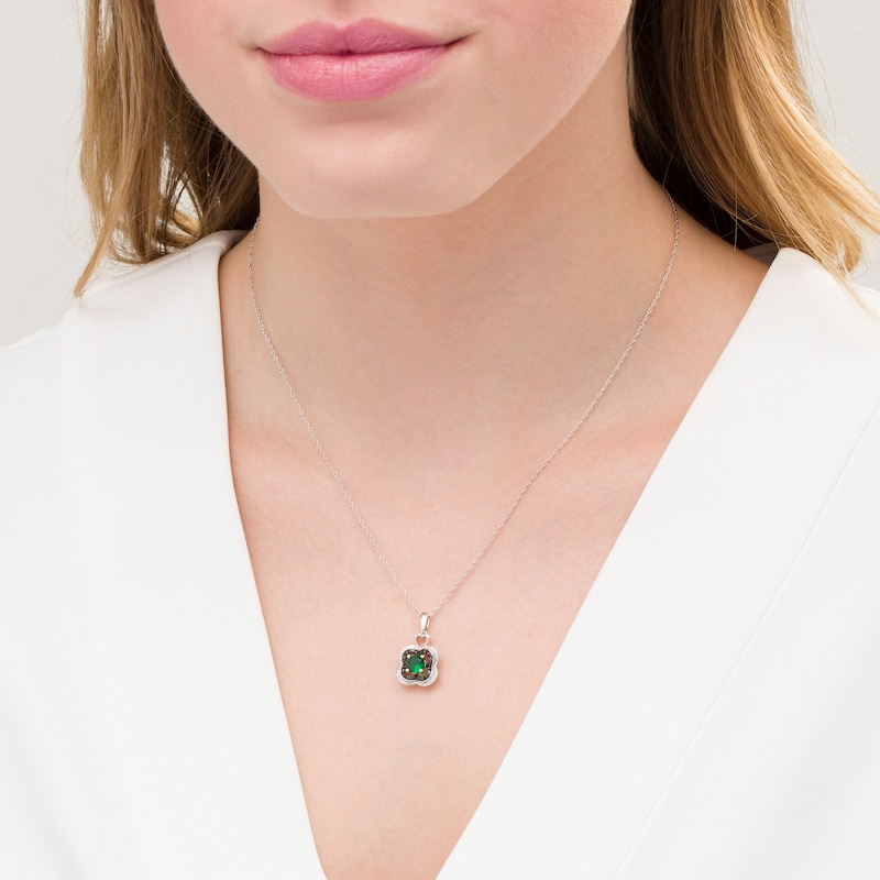 Main Image 2 of 5.5mm Lab-Created Emerald and 1/15 CT. T.W. White and Black Diamond Clover Pendant in Sterling Silver