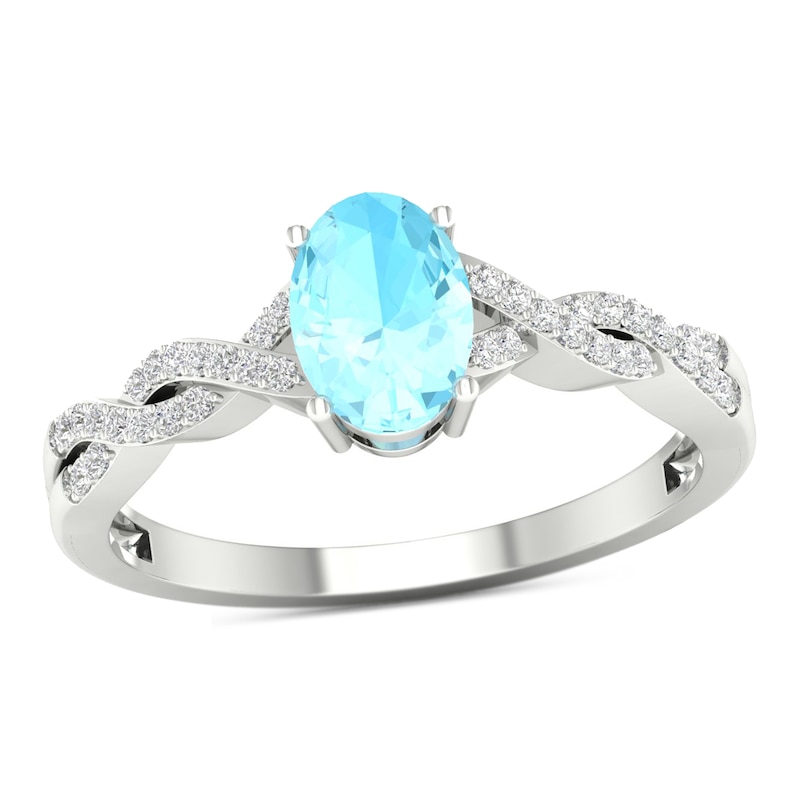 Main Image 1 of Oval Aquamarine and 1/10 CT. T.W. Diamond Twist Shank Ring in 10K White Gold