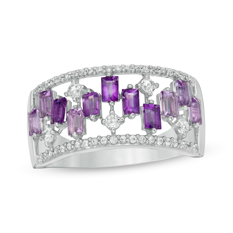 Baguette-Cut Amethyst and White Topaz Zig-Zag and 1/6 CT. T.W. Diamond Open Shank Ring in 10K White Gold